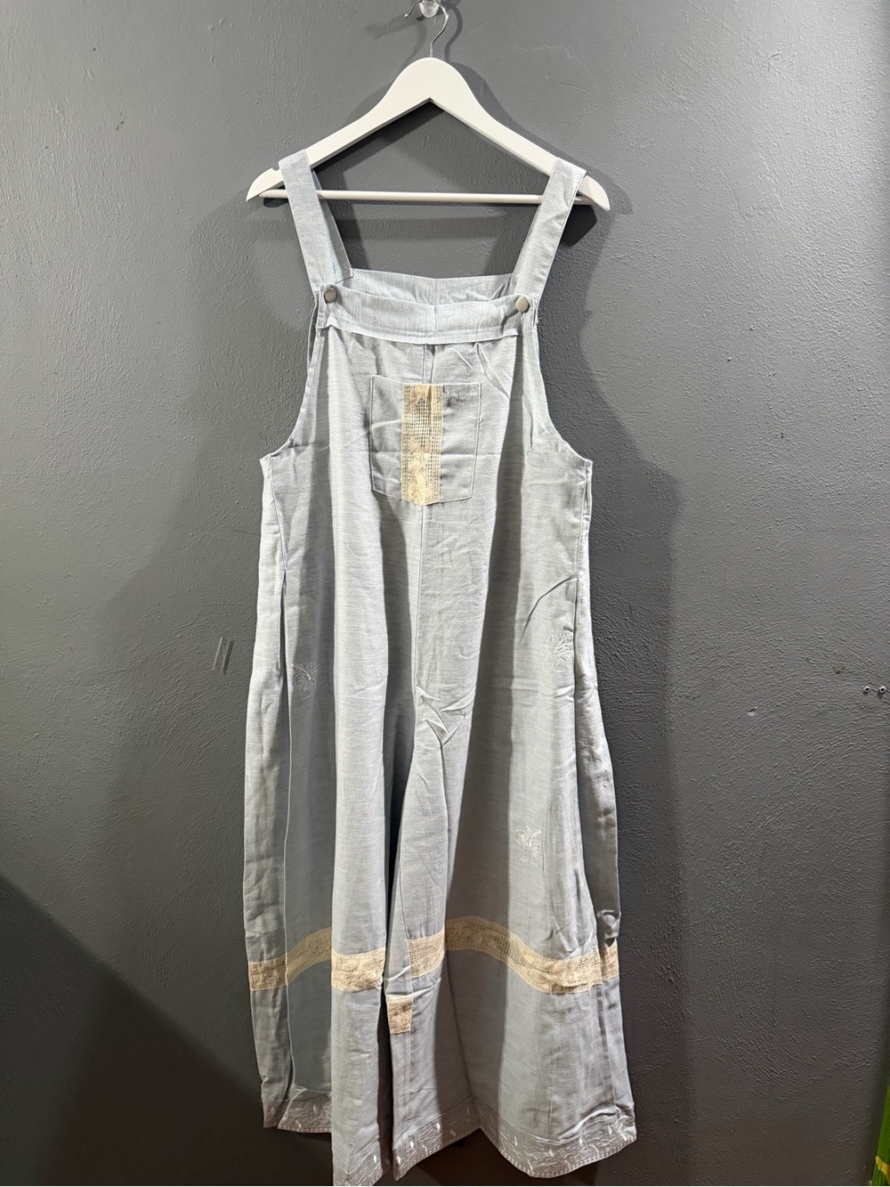 POL Light Grayish Blue Linen Women’s Overalls with Cream Trim